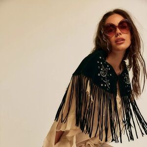 Free people Lights Out Fringe Embellished Suede Cape